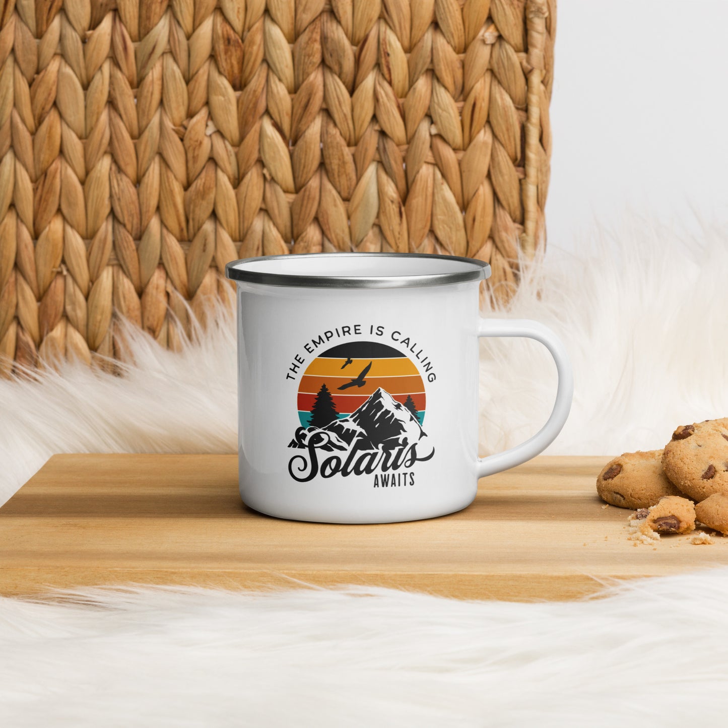 Solaris Awaits Emanel Mug - The Bean Workshop - Air Awakens, Bookish Accessories, Elise Kova, Elise Kova Merch, Enamel Mug, Mug, Vhalla Yarl Solaris