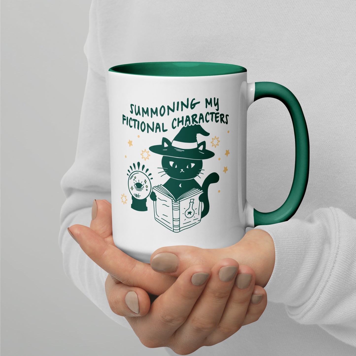 Summoning My Fictional Characters Mug - The Bean Workshop - black cat mug, book lover mug, ceramic mug, coffee mug for readers, fantasy reader coffee cup, Halloween mug, literary gift, mug, reading mug, spooky season drinkware, Summoning Fictional Characters mug, tea cup book lover, unique bookish gift, witch cat mug, witchy mug