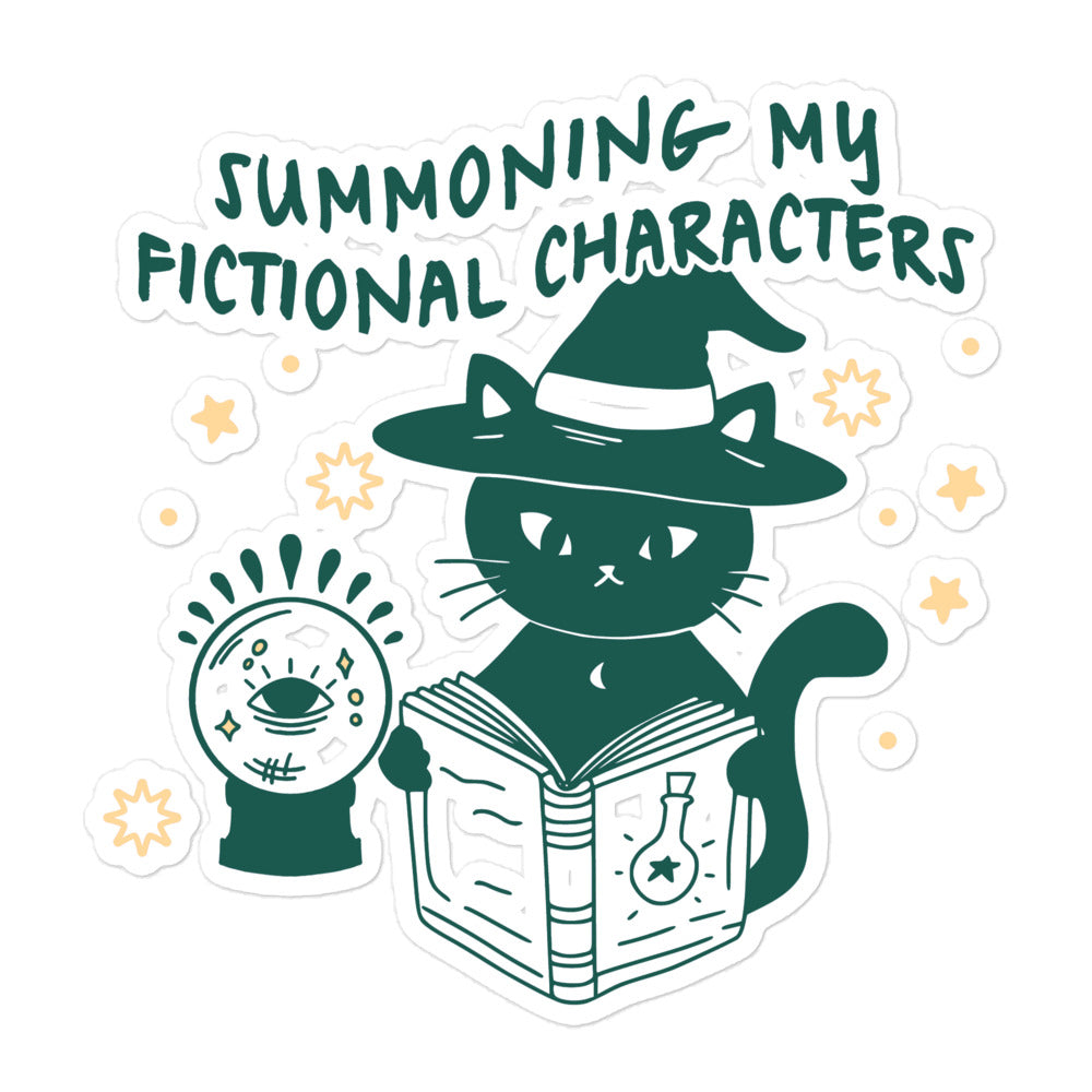 Summoning My Fictional Characters Sticker - The Bean Workshop - black cat, book lover sticker, bookish merch, crystal ball, fantasy reader gift, Halloween sticker, laptop sticker, literary sticker, reading aesthetic, spooky season, Summoning Fictional Characters sticker, unique gift for readers, vinyl sticker, witch cat sticker, witchy decor