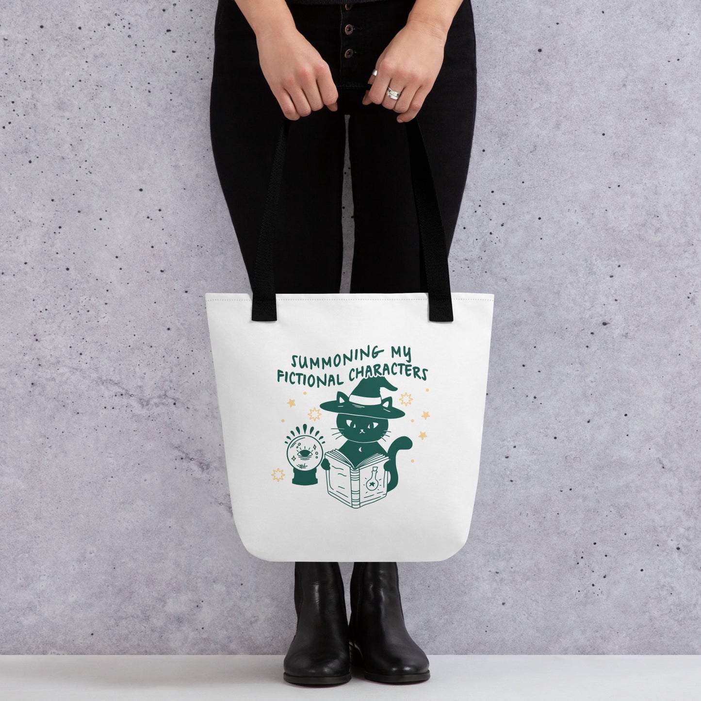 Summoning My Fictional Characters Tote Bag - The Bean Workshop - black cat bag, book lover tote, bookstore bag, canvas tote, fantasy reader bag, Halloween tote bag, library tote, literary tote, reading bag, reusable shopping bag, spooky season accessory, Summoning Fictional Characters tote, unique gift for readers, witch cat tote, witchy tote