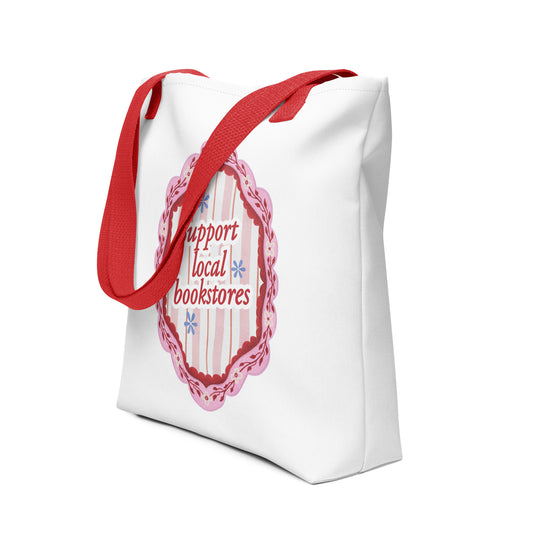 Support Local Bookstores Tote Bag - The Bean Workshop - Bookaholics, Bookish Merch, Bookworm Essentials, Cottagecore, Eco-friendly Book Lover Bag, Indie Bookstore Support, Literary Accessory, Pink Aesthetic, Reader Gift, Support Local Bookstores Tote Bag, Sustainable Shopping, Tote Bag, Vintage Floral Canvas Tote