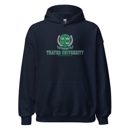 Thayer University Embroidered Hoodie - The Bean Workshop - Ana Huang, bookish fashion, embroidered, embroidered apparel, embroidered hoodie, hoodie, Reader Apparel, Thayer University, Twisted, Twisted ladies