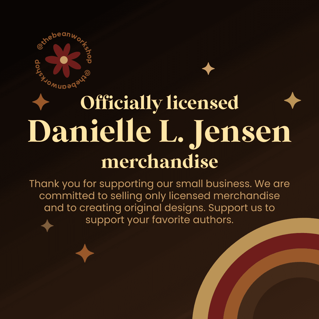 Officially licensed Danielle L. Jensen merchandise announcement with retro graphics and text.