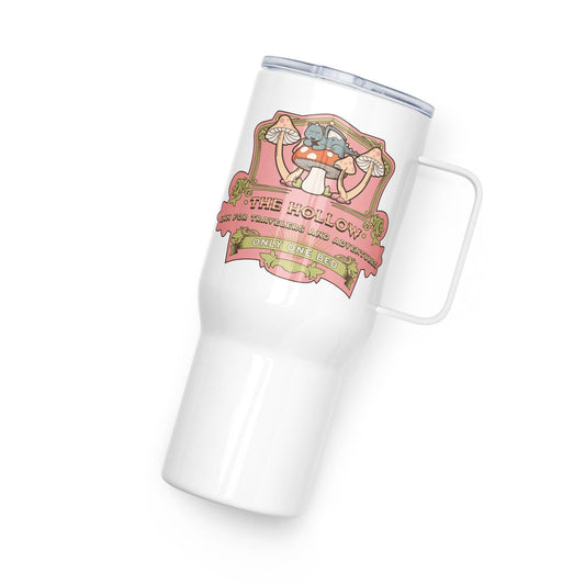 The Hollow Travel Mug - The Bean Workshop - Commuting accessory, insulated tumbler, Jacks and Evangeline, Little Fox, Only One Bed trope, ouabh, Pink design, portable coffee cup, stephanie garber, The Ballad of Never After, Travel Mug, tumbler, Whimsical dragon