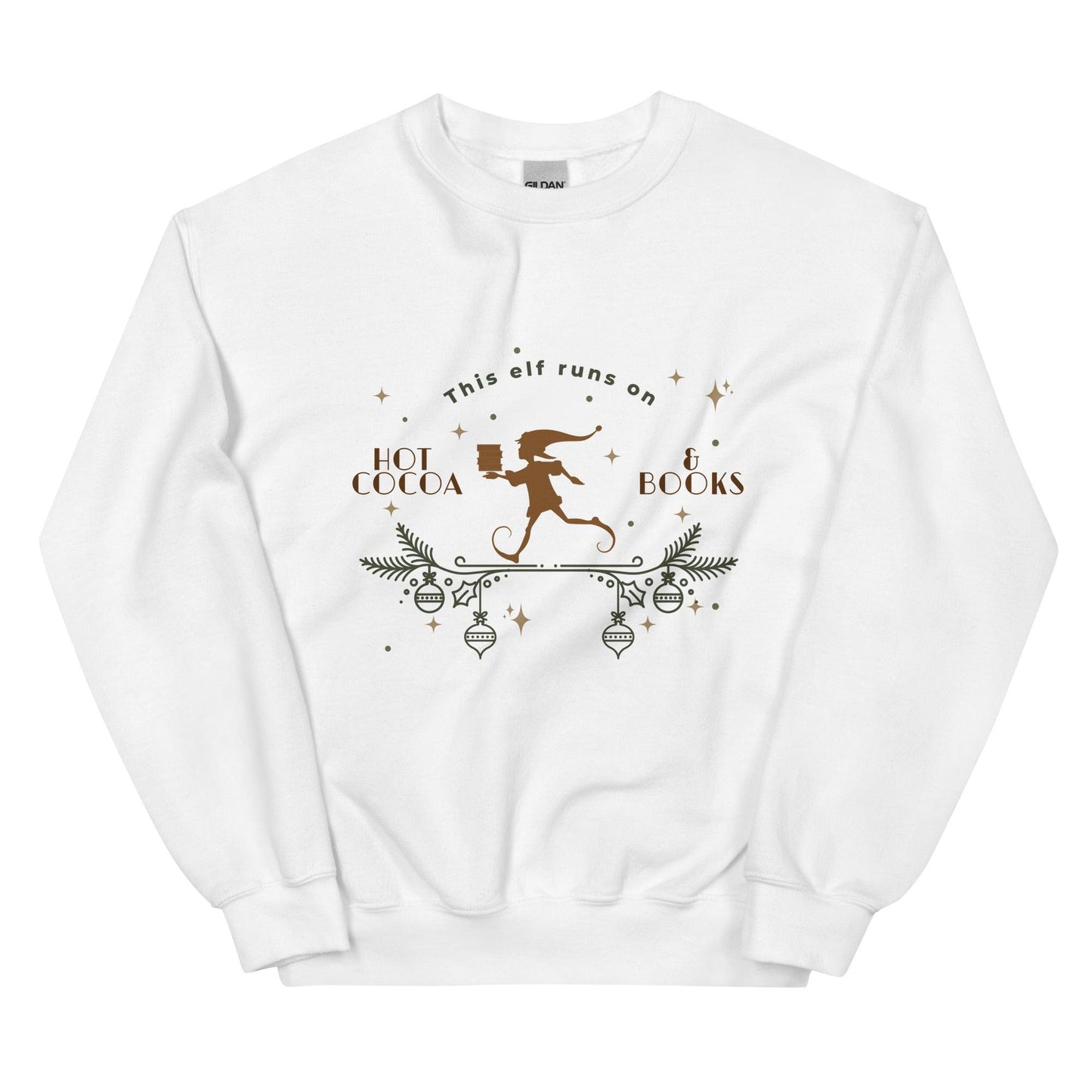 This Elf Runs on Hot Cocoa and Books Sweatshirt - The Bean Workshop - bookish, Christmas, elf, sweater, sweatshirt