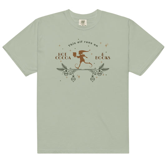 This Elf Runs on Hot Cocoa and Books Tee Shirt - The Bean Workshop - book lover, bookish, box tee, christmas