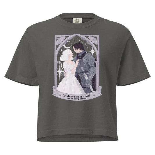 Violence Is A Craft Sybil and Rory Boxy tee - The Bean Workshop - Boxy Tee, Casual Fandom Fashion, Dark Academia Aesthetic, Fandom Boxy T-Shirt, Floral Arch Monochromatic, Gift for Fantasy Readers, Gothic Fantasy Apparel, Knight and Moth Illustration, Oversized Bookish T-Shirt for Fantasy Readers, Oversized Literary Tee, Rachel Gillig, The Knight and the Moth, Violence Is A Craft Boxy Tee Shepherd King Fan
