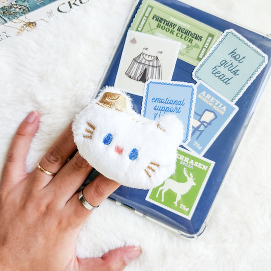 White Cat Plush Foldable Adhesive Kindle Grip - The Bean Workshop - kindle grip, reading accessories
