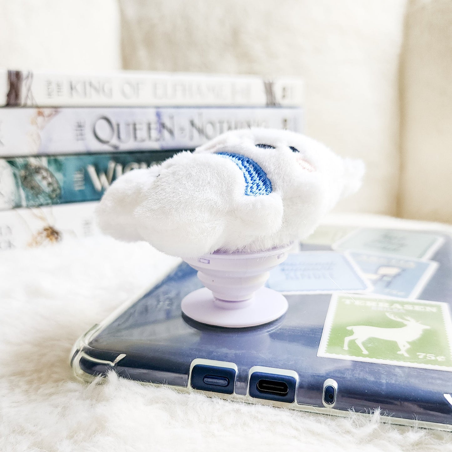 White Dog Plush Foldable Adhesive Kindle Grip - The Bean Workshop - kindle grip, reading accessories