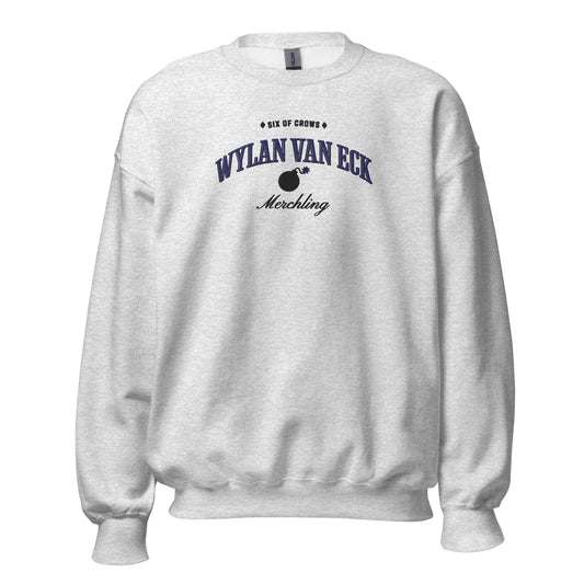 Wylan Van Eck Embroidered Sweatshirt - The Bean Workshop - Book Lover Gift, Bookish Sweatshirt, Character Apparel, Demolitions expert gift, Fantasy Character, Grishaverse, Ketterdam, Leigh Bardugo fan apparel for readers, LGBTQ Character, Six of Crows merchling merch, The Dregs, Wesper, Wylan Van Eck embroidered sweatshirt