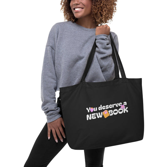 You Deserve a New Book Large Cotton Twill Tote Bag - The Bean Workshop - book design, book lover gift, book tote bag, bookaholic gift, bookworm gift, new book, read everyday, reading gift, reusable bag, Short n' Sweet Collection, tote bag