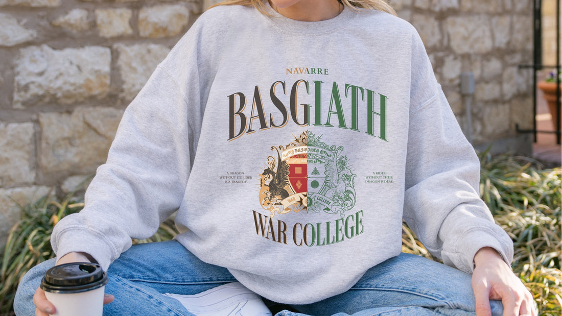 Gray sweatshirt with Basgiath War College design, featuring dragon crest and bookish theme