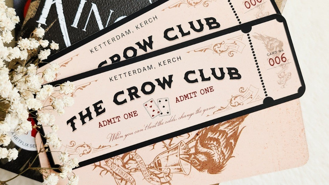 The Crow Club admit one ticket with vintage design and floral accents, bookish merchandise