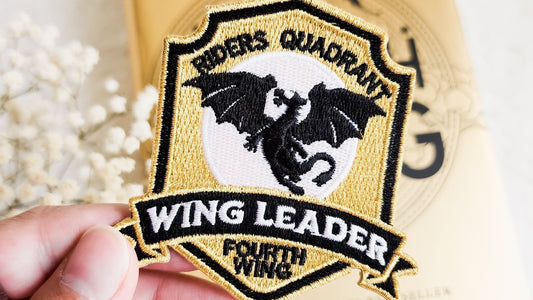 Embroidered patch with dragon design, 'Wing Leader Fourth Wing' text, bookish merchandise for fans