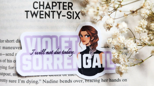 Violet Sorrengail bookish sticker with character art and quote on open book with flowers
