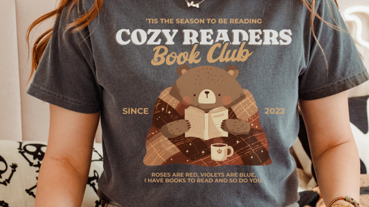 Gray Cozy Readers Book Club t-shirt with cute bear reading and coffee mug design