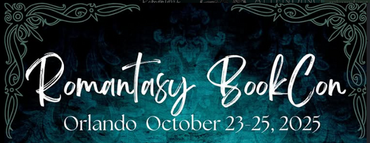 Romantasy BookCon 2025 Orlando event banner with ornate borders and teal background.