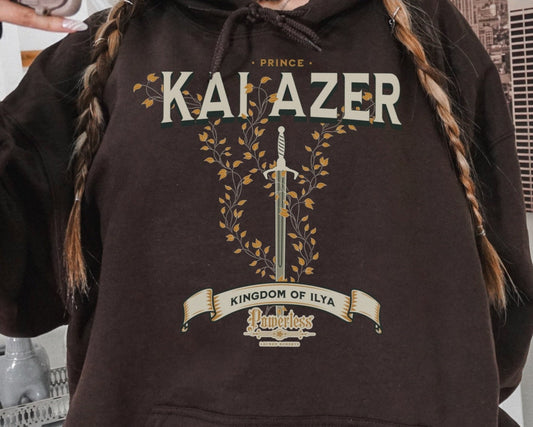 Brown hoodie with sword and leaves graphic, Prince Kai Azer Kingdom of Ilya, bookish merch