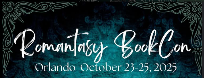 Romantasy BookCon 2025 event banner with ornate teal border and event dates in Orlando