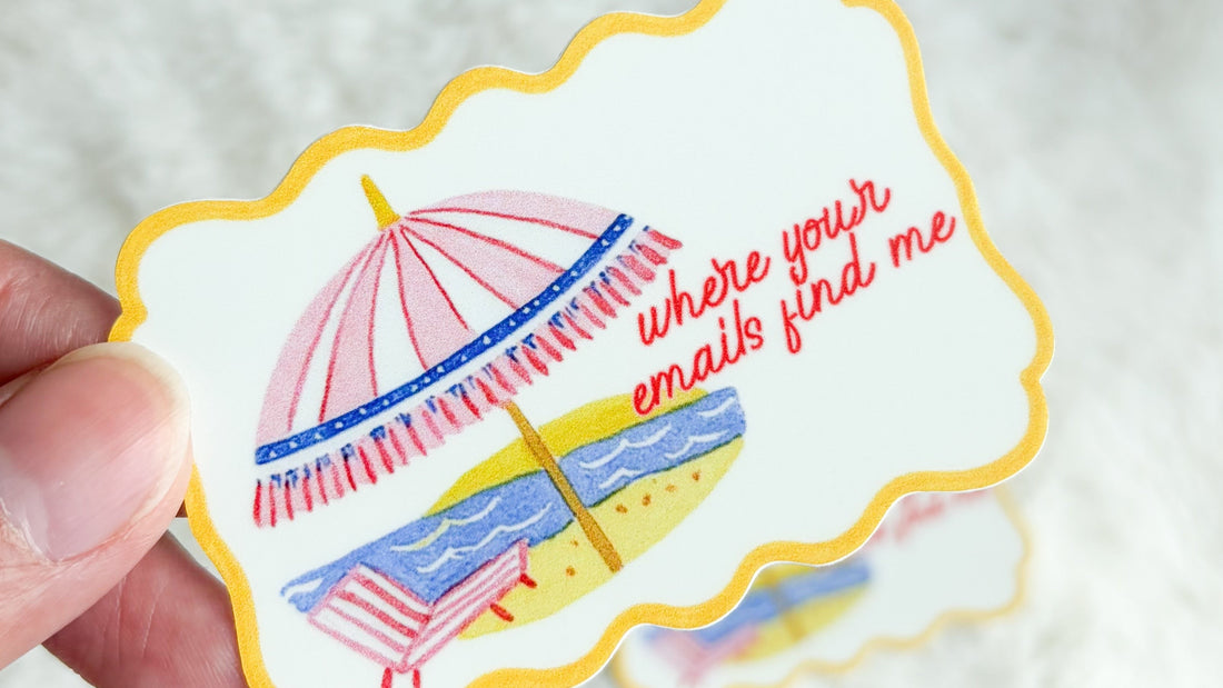 Beach-themed sticker with umbrella, chair, and text 'where your emails find me'