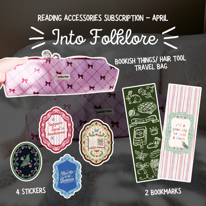 Reading accessories subscription April with pink travel bag, four bookish stickers, and two bookmarks