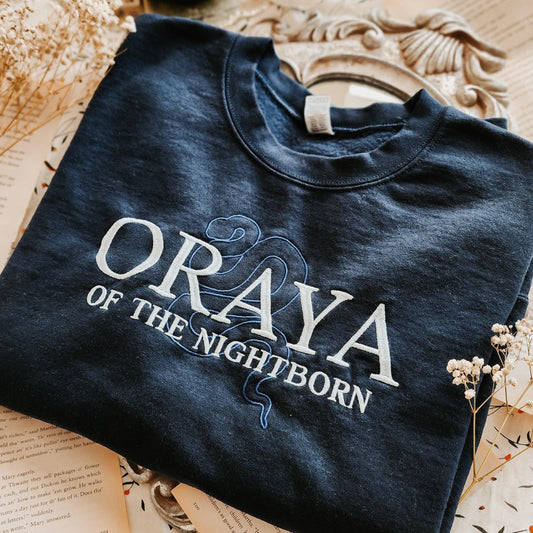 Oraya of the Night Born Embroidered Sweatshirt - The Bean Workshop - carissa broadbent, embroidered, sweatshirt, the serpent and the wings of night
