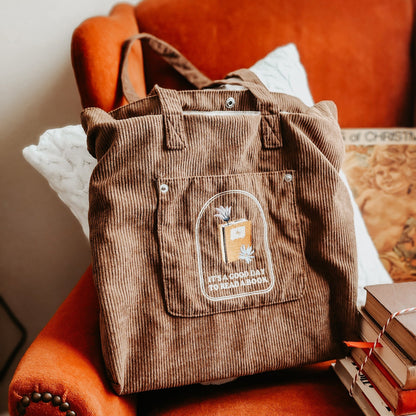 It's A Good Day To Read A Book Embroidered Corduroy Tote Bag