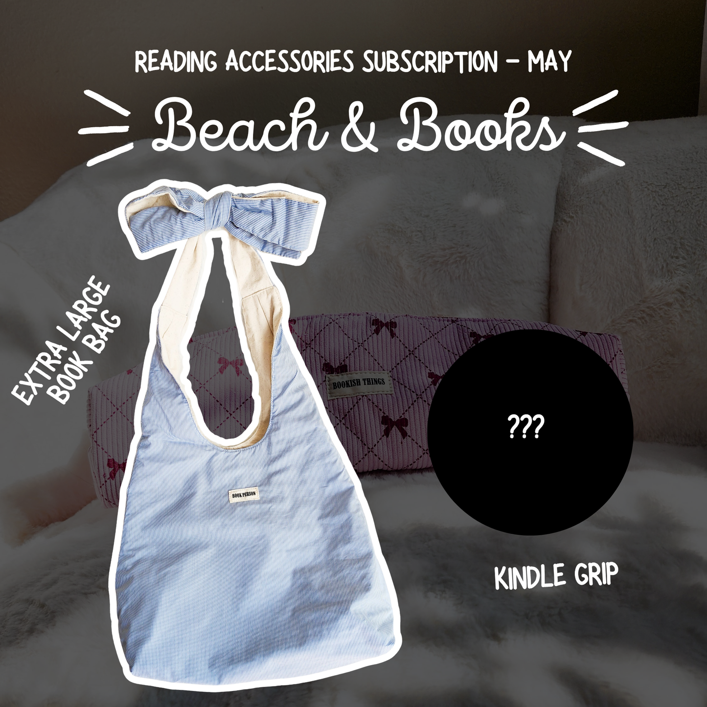 Reading accessories subscription May, blue extra large book bag, Kindle grip, bookish pillow.