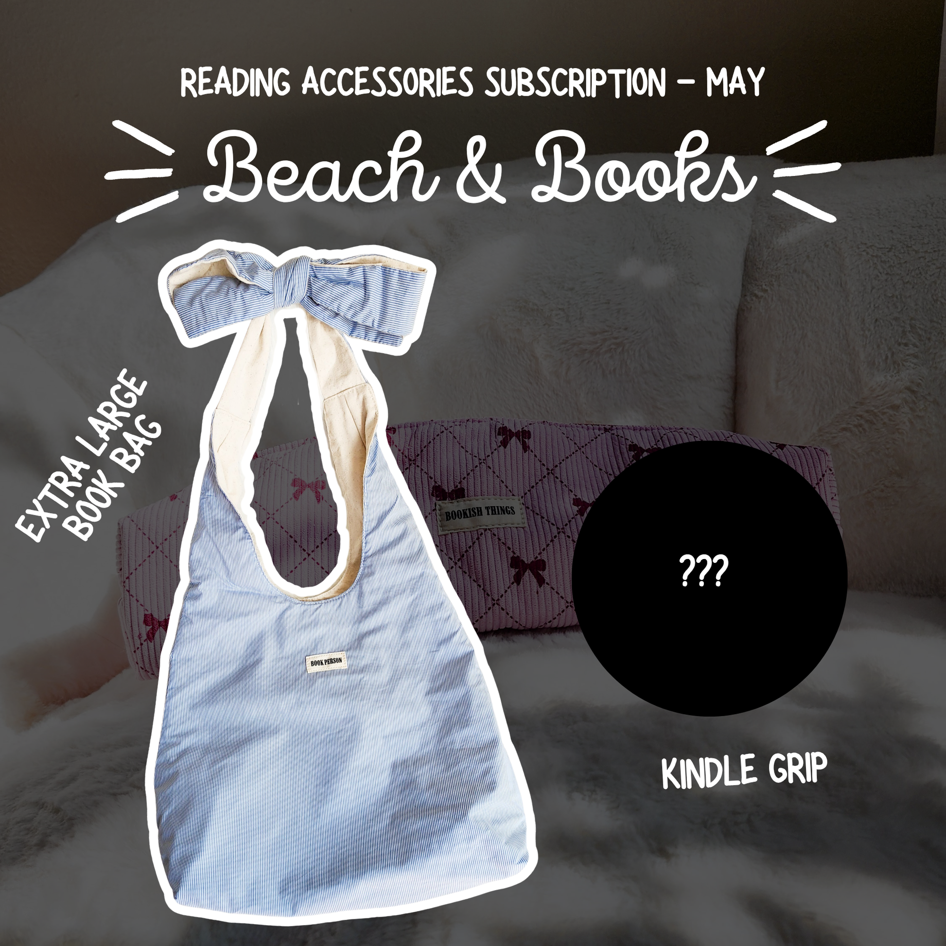 Reading accessories subscription May, blue extra large book bag, Kindle grip, bookish pillow.