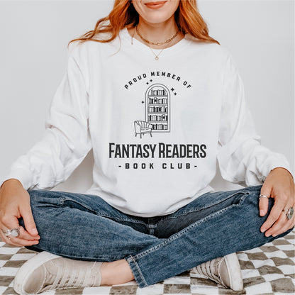 White long sleeve tee with 'Fantasy Readers Book Club' text and bookshelf graphic