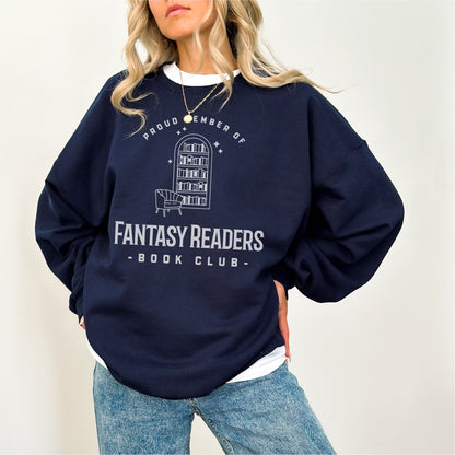 Navy blue Fantasy Readers Book Club sweater with bookshelf and chair graphic