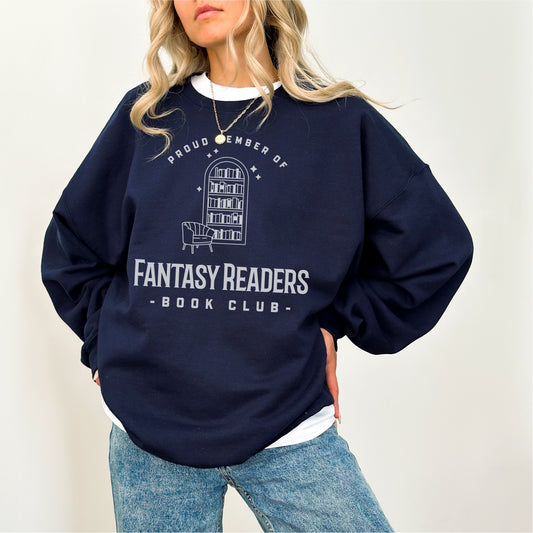 Navy blue Fantasy Readers Book Club sweater with bookshelf and chair graphic