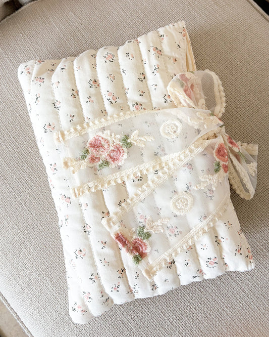 Pink Flower Large Book Sleeve with Lace Ribbon