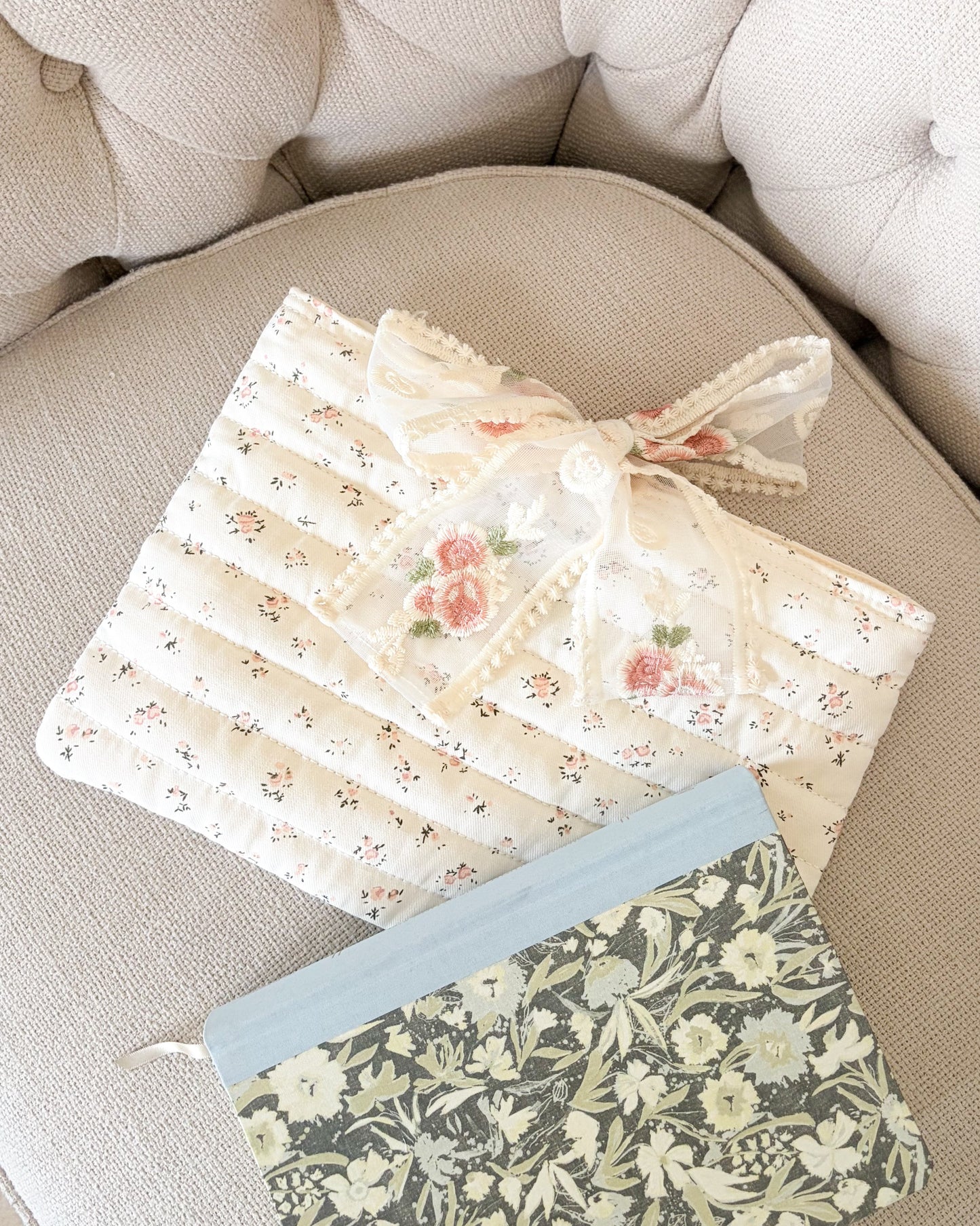 Pink Flower Large Book Sleeve with Lace Ribbon