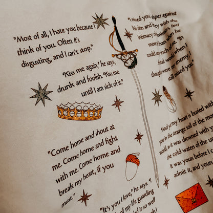 Bookish merchandise with literary quotes, illustrated sword, crown, stars, acorn, and envelope.