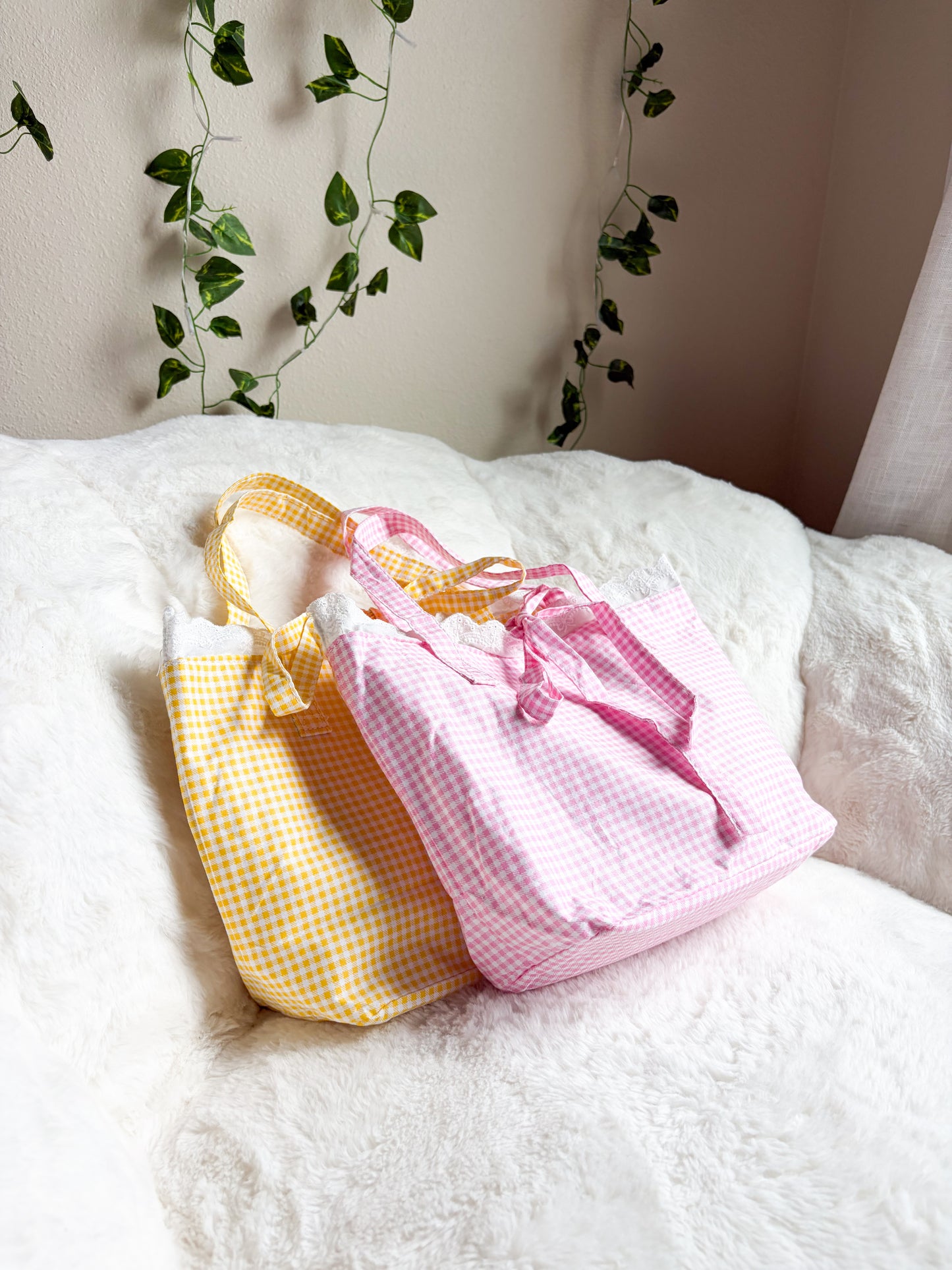 Gingham Reader Tote Bag with Lace Details and Bow Knot