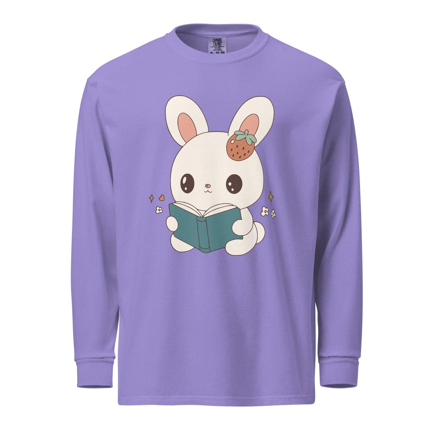 A Bunny Reading Her Book Heavyweight Long Sleeve Shirt - The Bean Workshop - animal shirt, bunny, long sleeve t-shirt, long sleeve tee, read everyday, read more books, short n' sweet, t-shirt, tee shirt