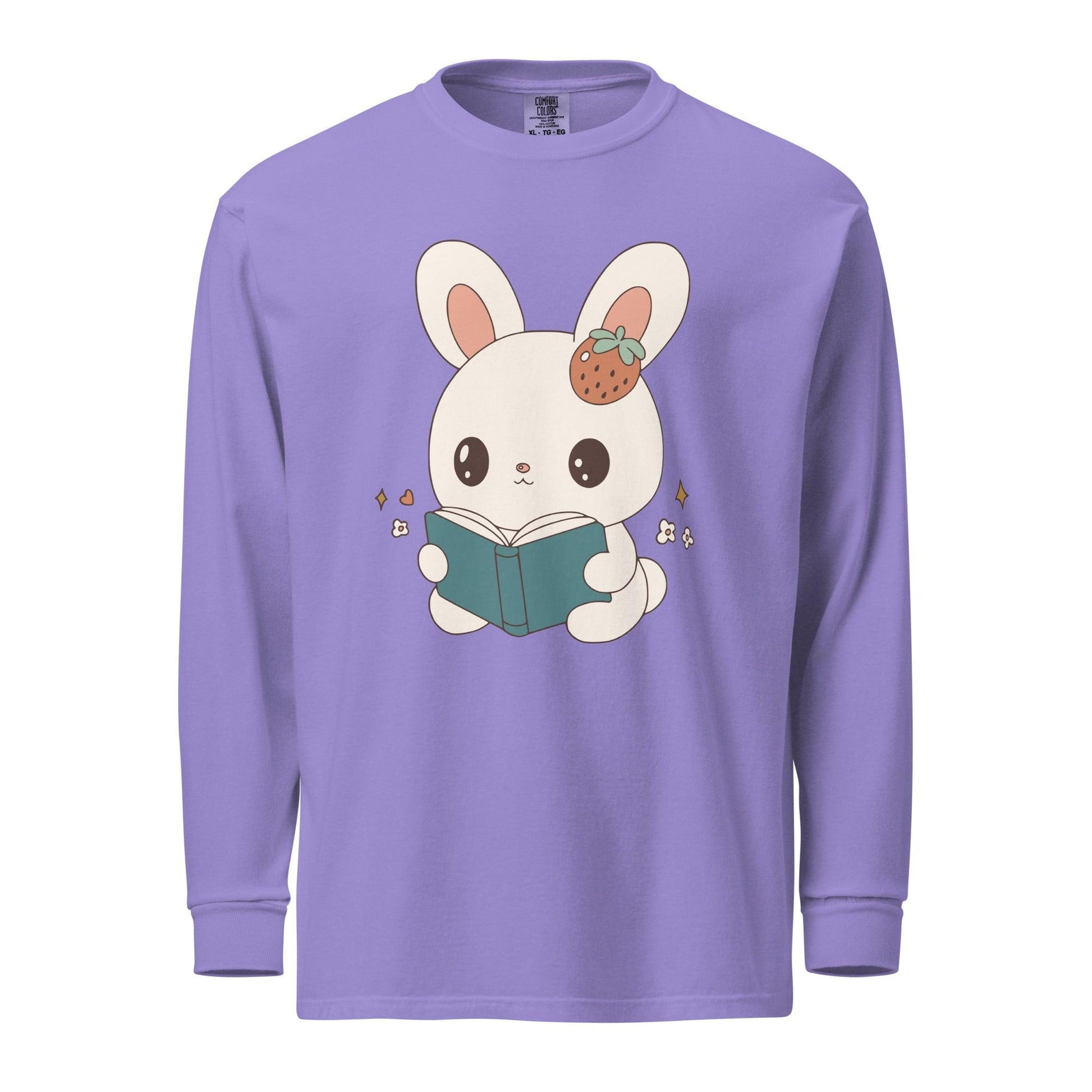 A Bunny Reading Her Book Heavyweight Long Sleeve Shirt - The Bean Workshop - animal shirt, bunny, long sleeve t-shirt, long sleeve tee, read everyday, read more books, short n' sweet, t-shirt, tee shirt