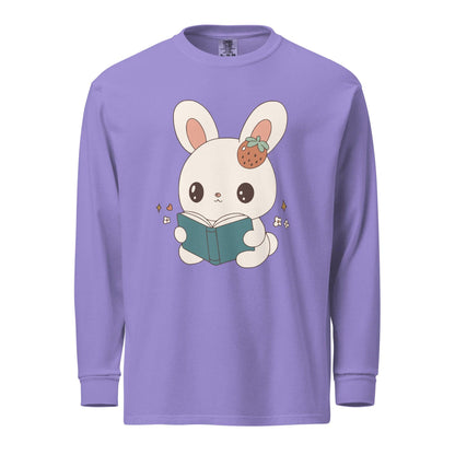 A Bunny Reading Her Book Heavyweight Long Sleeve Shirt - The Bean Workshop - animal shirt, bunny, long sleeve t-shirt, long sleeve tee, read everyday, read more books, short n' sweet, t-shirt, tee shirt
