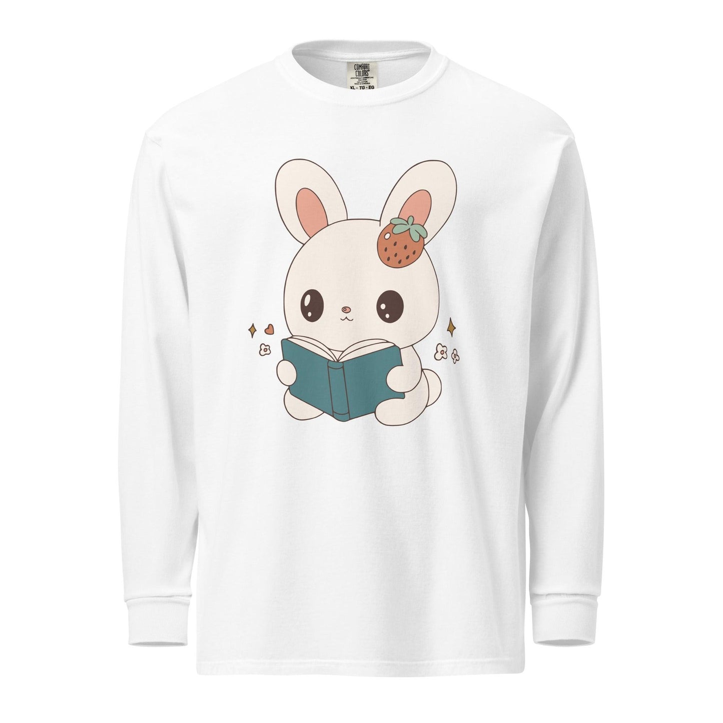 A Bunny Reading Her Book Heavyweight Long Sleeve Shirt - The Bean Workshop - animal shirt, bunny, long sleeve t-shirt, long sleeve tee, read everyday, read more books, short n' sweet, t-shirt, tee shirt