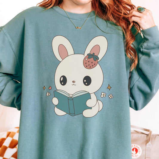 A Bunny Reading Her Book Heavyweight Long Sleeve Shirt - The Bean Workshop - animal shirt, bunny, long sleeve t-shirt, long sleeve tee, read everyday, read more books, short n' sweet, t-shirt, tee shirt