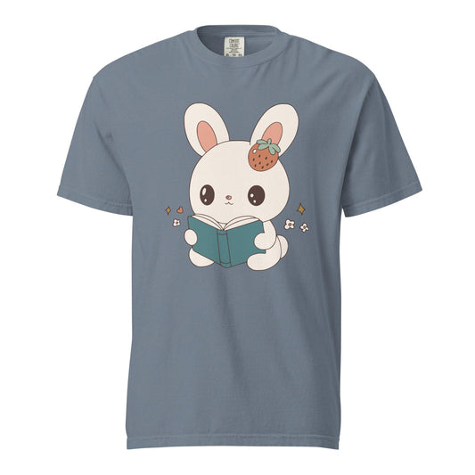 A Bunny Reading Her Book Tee Shirt - The Bean Workshop - animal shirt, book design, book lover gift, book t-shirt, bookaholic apparel, box tee, bunny t-shirt, cute book shirt, read everyday, reading bunny, Short n' Sweet Collection, t-shirt, tee
