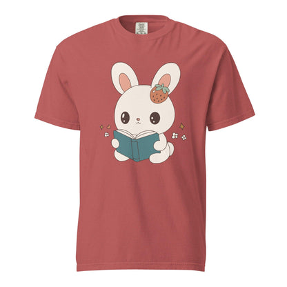 A Bunny Reading Her Book Tee Shirt - The Bean Workshop - animal shirt, book design, book lover gift, book t-shirt, bookaholic apparel, box tee, bunny t-shirt, cute book shirt, read everyday, reading bunny, Short n' Sweet Collection, t-shirt, tee