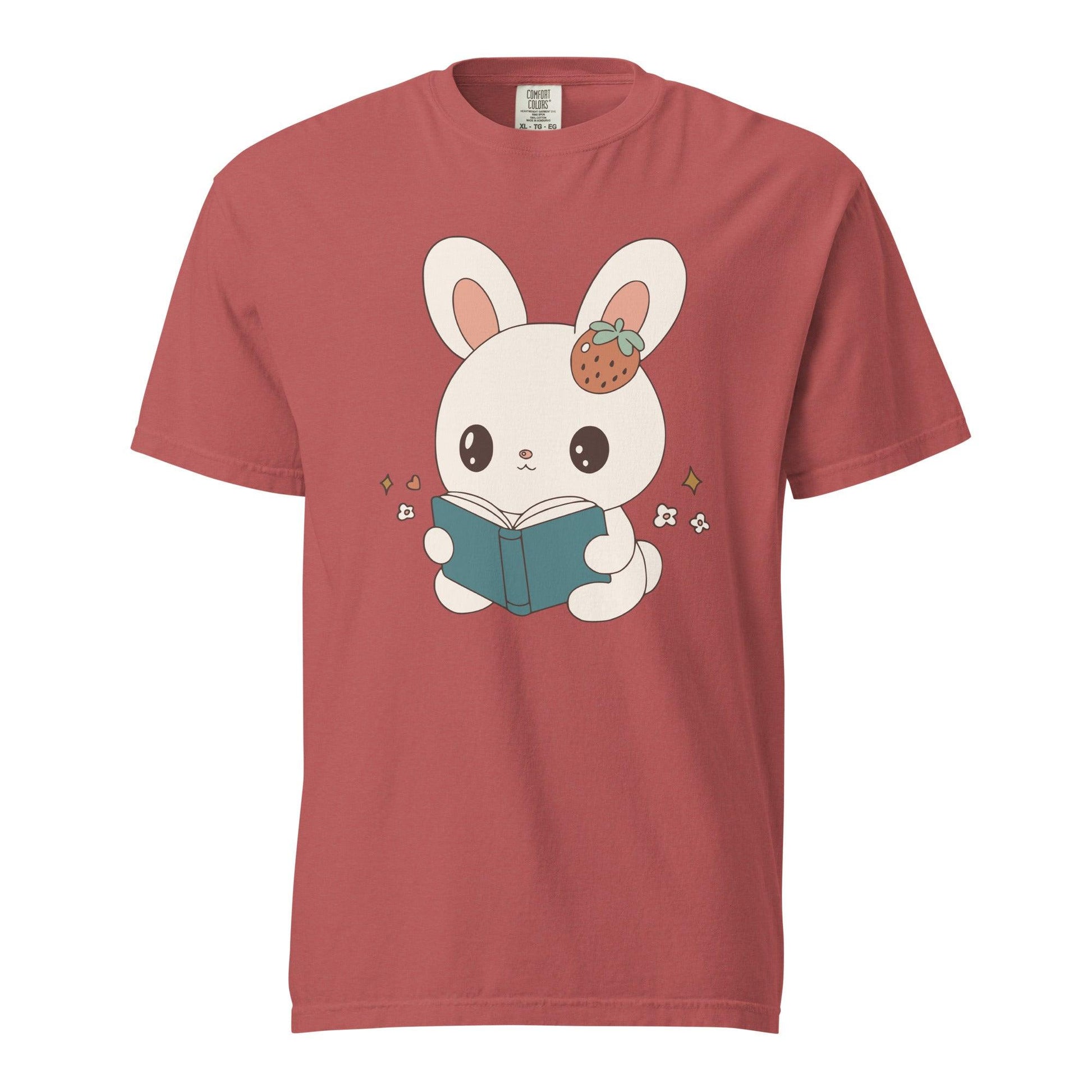 A Bunny Reading Her Book Tee Shirt - The Bean Workshop - animal shirt, book design, book lover gift, book t-shirt, bookaholic apparel, box tee, bunny t-shirt, cute book shirt, read everyday, reading bunny, Short n' Sweet Collection, t-shirt, tee