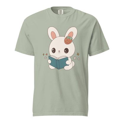 A Bunny Reading Her Book Tee Shirt - The Bean Workshop - animal shirt, book design, book lover gift, book t-shirt, bookaholic apparel, box tee, bunny t-shirt, cute book shirt, read everyday, reading bunny, Short n' Sweet Collection, t-shirt, tee