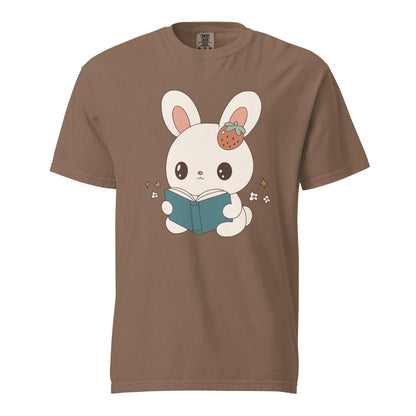 A Bunny Reading Her Book Tee Shirt - The Bean Workshop - animal shirt, book design, book lover gift, book t-shirt, bookaholic apparel, box tee, bunny t-shirt, cute book shirt, read everyday, reading bunny, Short n' Sweet Collection, t-shirt, tee