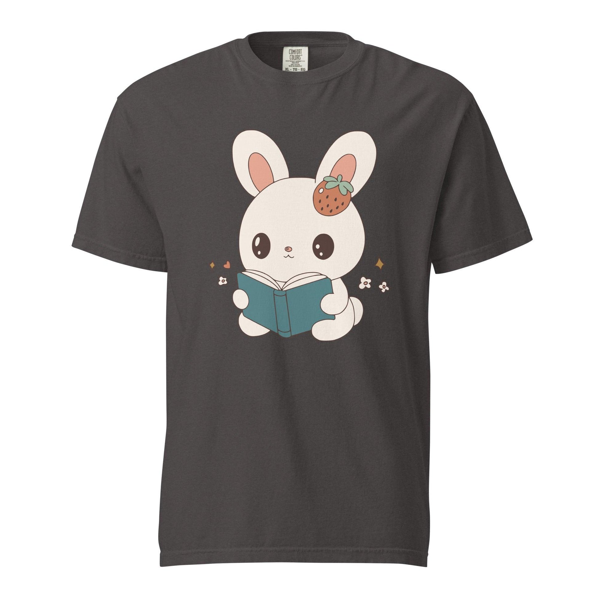 A Bunny Reading Her Book Tee Shirt - The Bean Workshop - animal shirt, book design, book lover gift, book t-shirt, bookaholic apparel, box tee, bunny t-shirt, cute book shirt, read everyday, reading bunny, Short n' Sweet Collection, t-shirt, tee