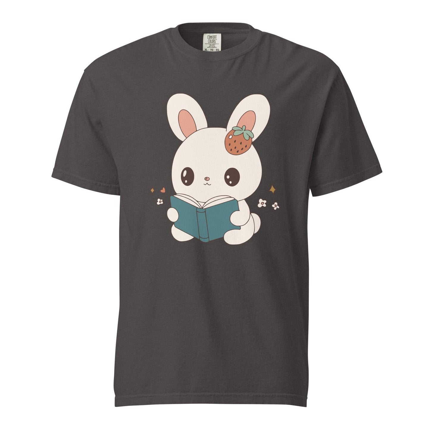A Bunny Reading Her Book Tee Shirt - The Bean Workshop - animal shirt, book design, book lover gift, book t-shirt, bookaholic apparel, box tee, bunny t-shirt, cute book shirt, read everyday, reading bunny, Short n' Sweet Collection, t-shirt, tee