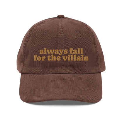 Always Fall For The Villain Vintage corduroy cap - The Bean Workshop - book lover, bookish, cap, corduroy cap, embroidered, hat, old school, vintage