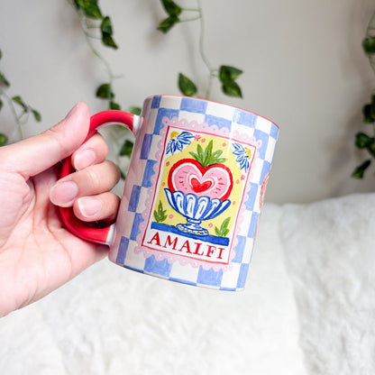 Amalfi Blue Checkered Mug with Red Handle